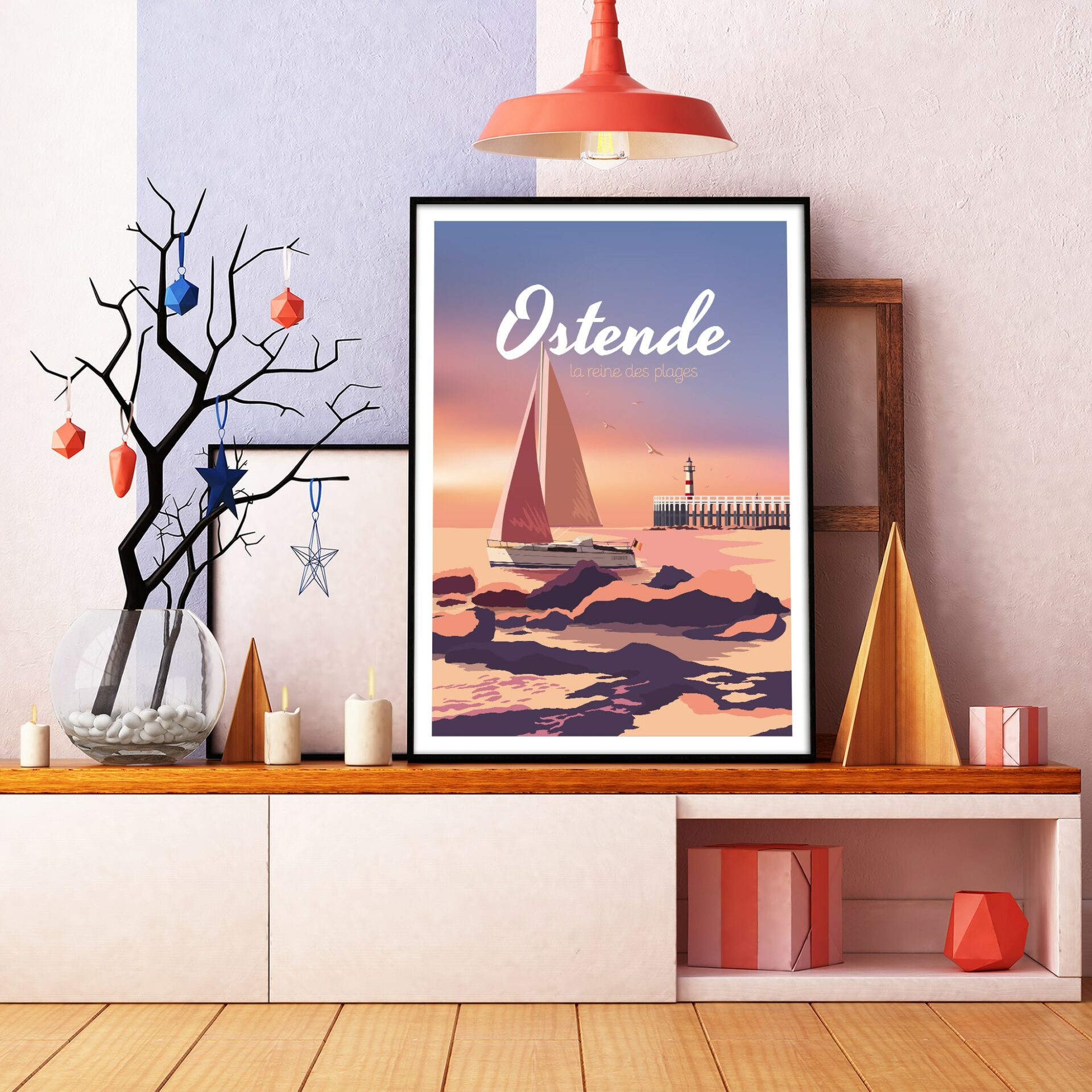 Poster België strand Oostende vuurtoren boot zee Belgische kust