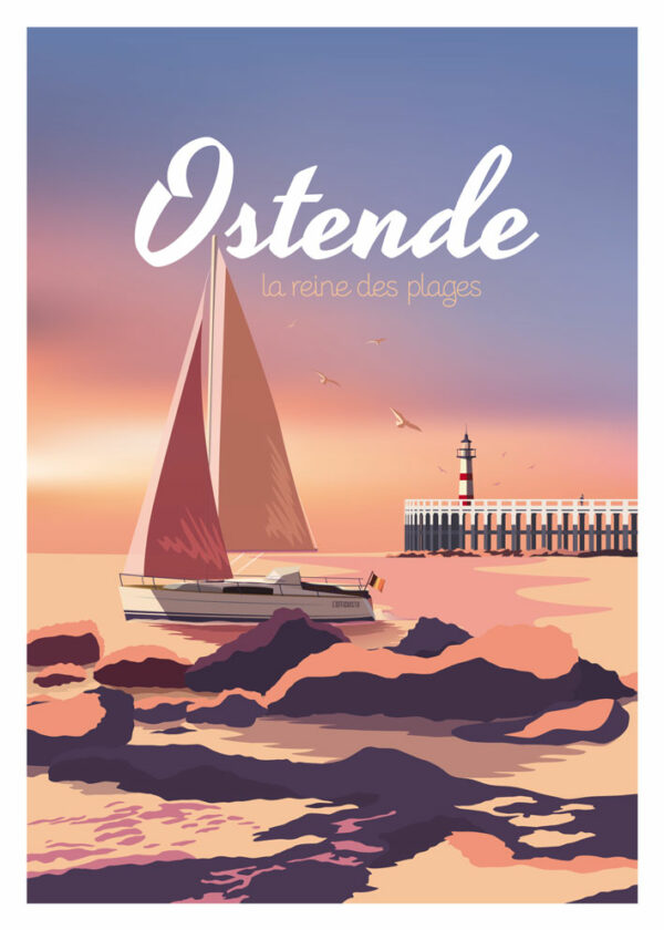 Affiche Belgique plage Ostende phare bateau bord de mer cote belge