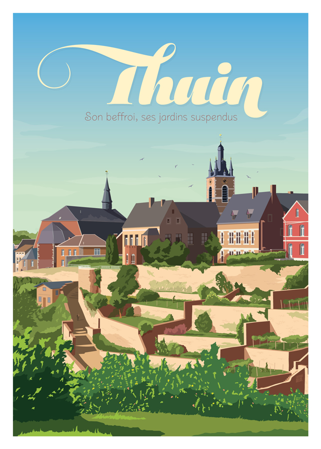 Affiche Belgique Thuin - Son beffroi et ses jardins suspendus